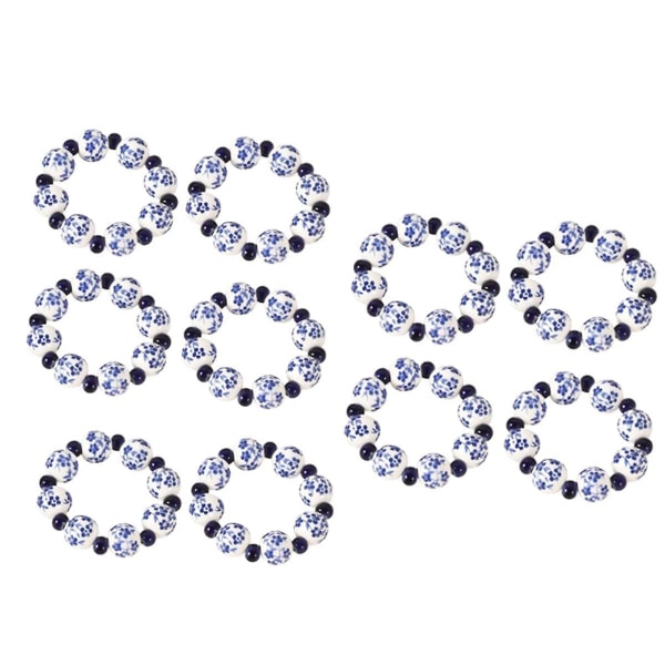 10 STK Etnisk stil håndmalet blå hvide perler Servietring Hjemmebordsdekoration Servietspænde Håndtegnet servietring