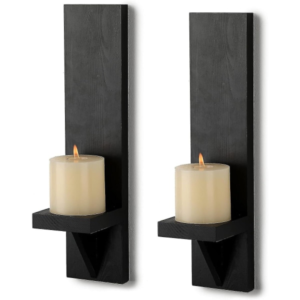 Set med 2 väggljuslampor i trä, dekorativ ljushållare Väggmonterad pelarljusstativ, svart