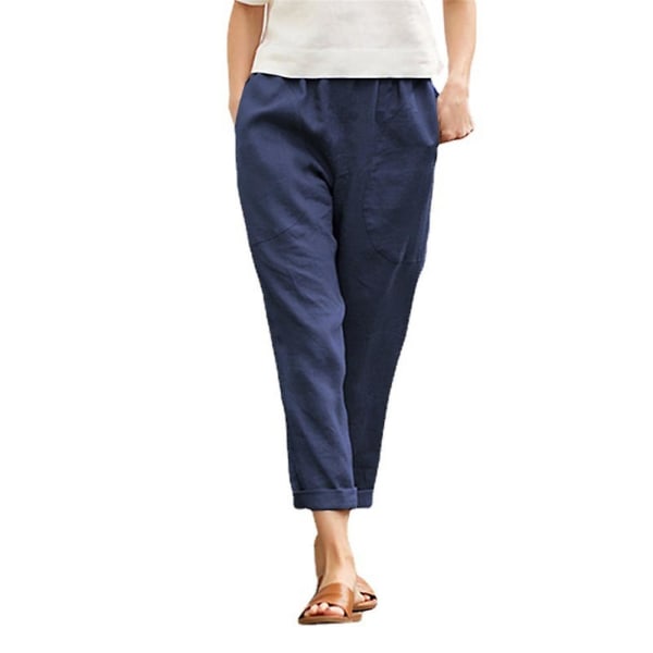 Naisten housut Kesäiset casual kiinteät lyhennetyt housut taskuilla Navy Blue 2XL