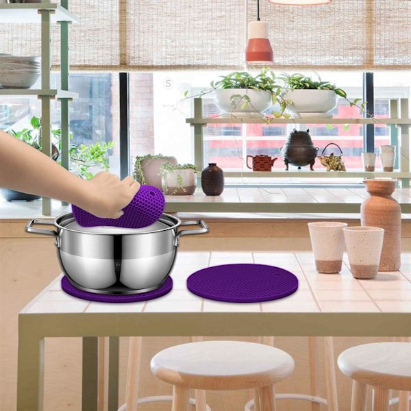 5-pack Extra Tjocka Grytlappar i Silikon, Halkfria Tåliga Flexibla Bordsunderlägg Runda Honungskaka Multifunktionella Kök (Lila)