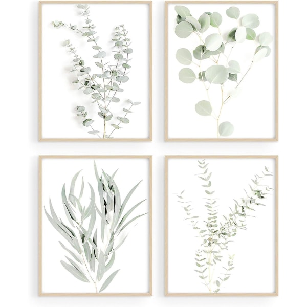 Botaniske plantevægkunsttryk - Sæt med 4 plantevægdekorationstryk Blomster køkkenblomsterblade Vægkunst Boho Leaf Eucalyptus (UINDRAMME) (8x10)