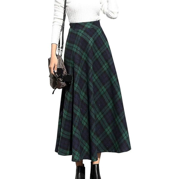 Sunrain Dame Høj Elastisk Talje Maxi Skørt A-linje Tartan Vinter Varmt Flare Langt Skørt