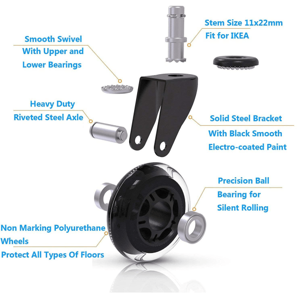 Fong 5-pack kontorsstol hjul hjul Kontorsstol hjul 360 rotation, ersättning för kontorsstol Universal ersättning hjul (75 mm, 10x22 mm)