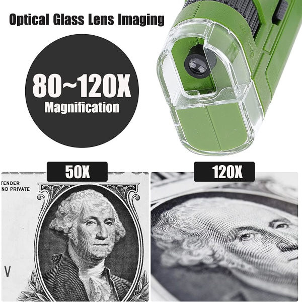 80~120x håndholdt mikroskop til børn og begyndere, bærbart minimikroskop (grønt)