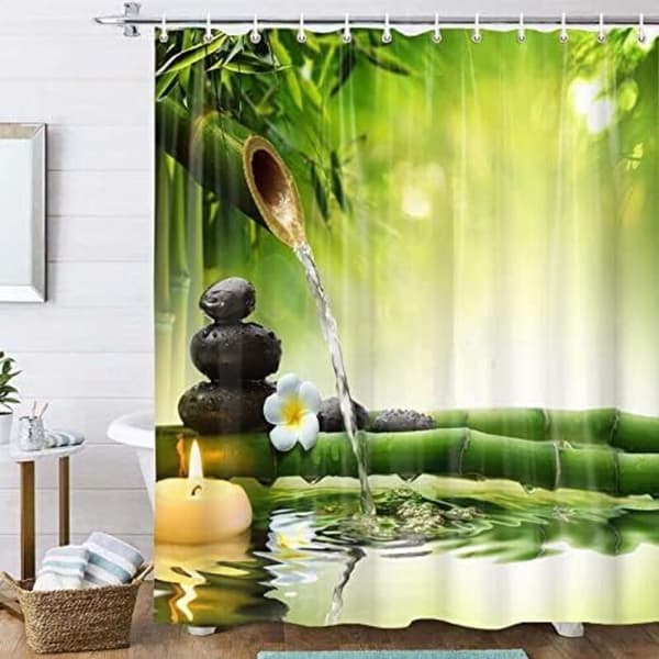Duschdraperi med Pebble Zen-tryck, mögelresistent, vattentätt polyestertyg, 180 x 180 cm, 3D Bambu Orkidé Duschdraperi,