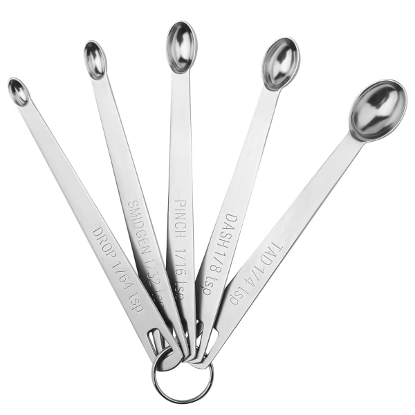 5 mini måleskjeer med 1 ring, 1/64, 1/32, 1/16, 1/8, 1/4