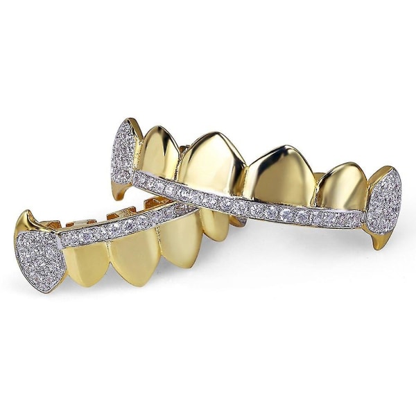 Hip Hop Guldfärg Tänder Grillz Män Kvinnor Micro Pave Cubic Zircon Topp & botten Vampyr huggtänder Tandgrillar Set Holleween Present