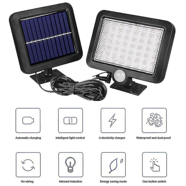 Solcellslampor för utomhus, 56 led solcellslampa utomhus med rörelsedetektor, Ip65 vattentät, 120 ljusvinkel, solcellsvägglampa för trädgård med kabel