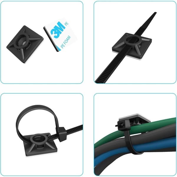 100 selvklæbende kabelbindere. 19mm x 19mm. Sort. Selvklæbende kabelbindere. Plastikkabelbinderstøtte. Til kabelbindere