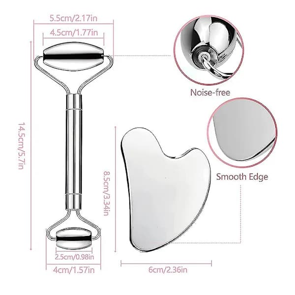 Gua sha sæt i rustfrit stål og ansigtsmassage roller, egnet til ansigts-, øjen- og nakkemassage.