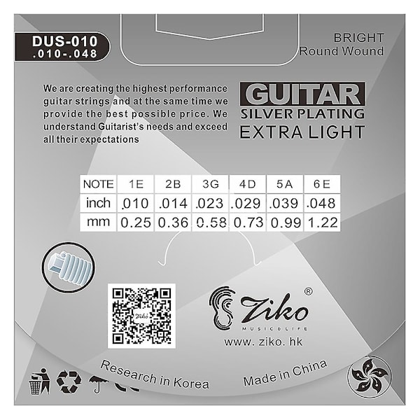 Dus Series Akustisk Guitarstrenge Hexagon Kulstofstålkerne Sølvbelagt Sår Dus-010