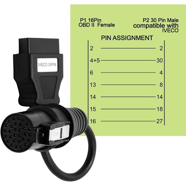 OBD2 Naaras 16-nastainen kaapeli - Uros 30-nastainen, Yhteensopiva Iveco kuorma-auton OBDII-diagnostiikkaskannerin kanssa