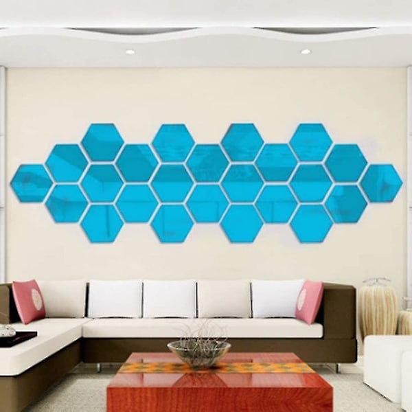 Fong 12 Pak Acrylic Hexagon Plasterspejl Vægstickers Hjemmedekoration Til Stue Soveværelse Over Sofa Tv Blå