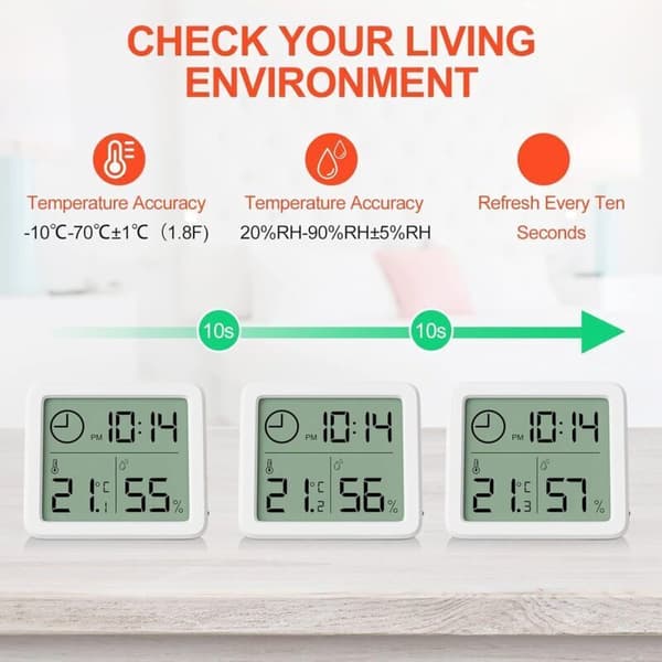 Mini digital inomhustermometer. Professionell bärbar hygrometer med stor display och klocka. Noggrann vit termometer. Hygrometer