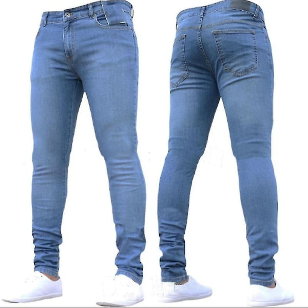Män Skinny Jeans Stretchy Denim Långbyxor Slim Fit Byxor Blue 2XL