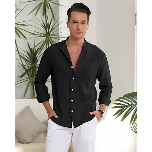 Menn Casual Bomullslin Skjorter Lang Erme Knapp Ned Skjorter med Lomme Black 4XL