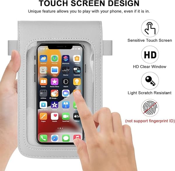 Touchscreen Mobilväska för Kvinnor, Lättviktigt PU-läder, Justerbar Rem (Ljusgrå)