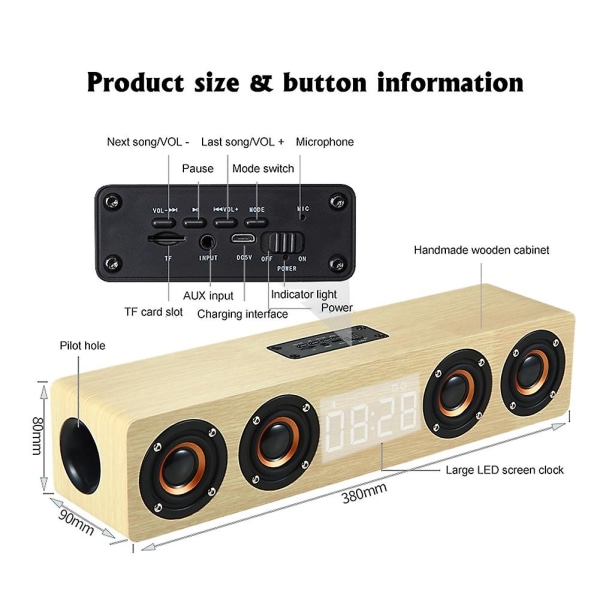 Soundbar TV-hemmabio med subwoofer Trådlös Bluetooth högtalare Väckarklocka Datorhögtalare (gul träkorn)