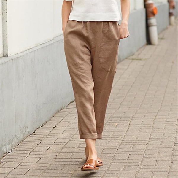 Naisten housut Kesäiset casual kiinteät lyhennetyt housut taskuilla Khaki XL