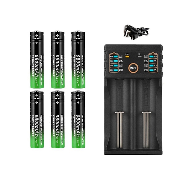 1 stk. 2-slot Li-Ion batterioplader + 6 stk. 3,7V 18650 9800MAh batteri til genopladeligt batteri 18650