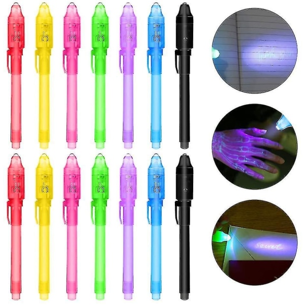14 hemliga pennor med UV-lampa, återanvändbar osynlig skrift, presenter till barnfödelsedagsfest