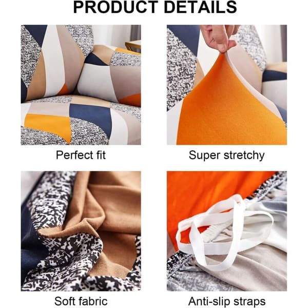 Orange Geometriskt Stretch Sofföverdrag, 3-sits Sofföverdrag med Armstöd, Modernt Universellt Elastiskt Sofföverdrag, Soffskydd, Skyddsöverdrag