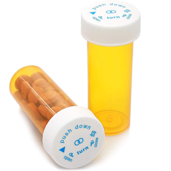 12 pakkaus tyhjiä pilleripulloja korkilla reseptilääkkeitä varten, 6 dramin muovipullot (oranssi)