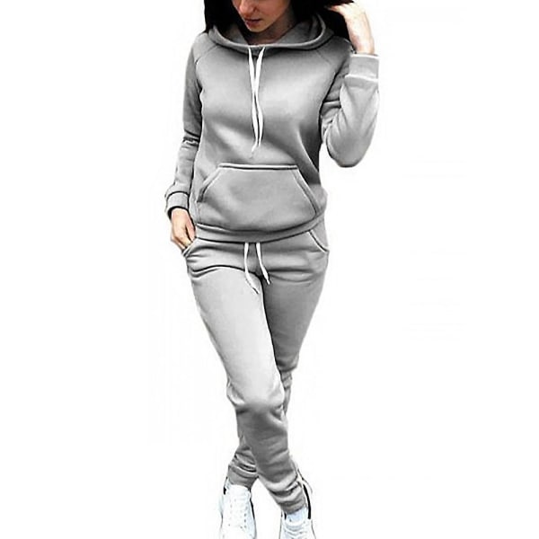 Dame Sports Gym Tracksuit Sweatshirt Hoodies + Bukser med Snøre 2 stk./sæt Silver L