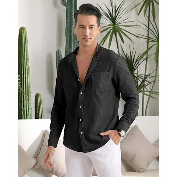 Menn Casual Bomullslin Skjorter Lang Erme Knapp Ned Skjorter med Lomme Black 4XL