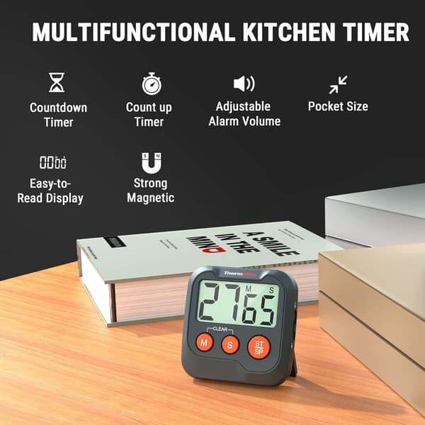 Digital kökstimer, utrustad med en stor LCD-skärm, stor digital larmvolym och justerbar timer.