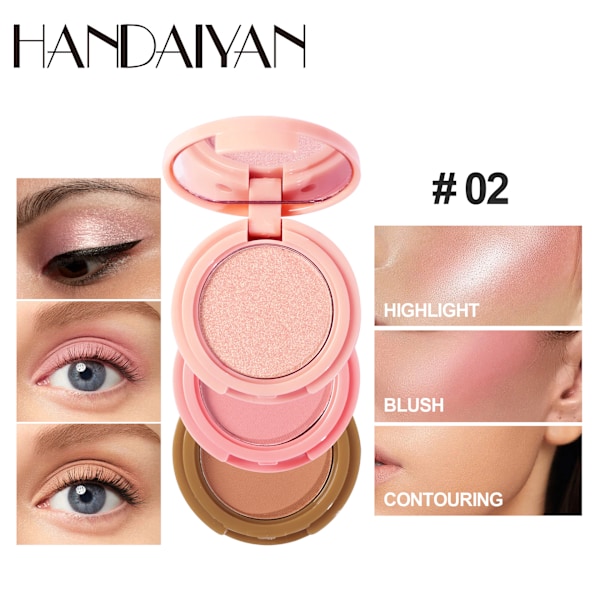 Trefärgad contouring palett handaiyan highlighter brightening rouge ögonskugga långvarig vattentät tre-i-ett contouring palett 2#