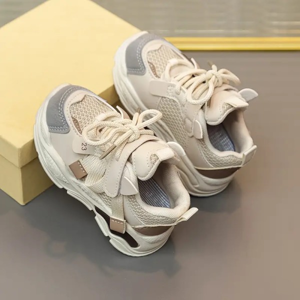 Jenter Trendy Pustende Blonder Opp Mesh Sneakers, Barn Casual Utendørs Gå Sko Beige 27