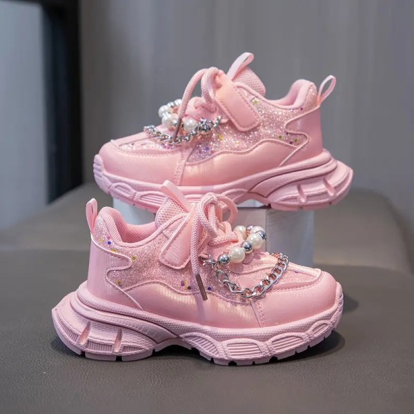 Casual söta paljetter faux pärla dekor låg topp snörning sneakers för flickor, halkfria löparskor för alla årstider Pink Color 37