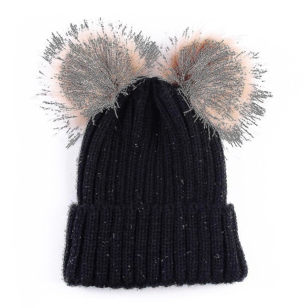 Dam Vinter Dubbel Pom Pom Beanie Fleece Fodrad Bobble Hat Stickad Faux Fur Pom