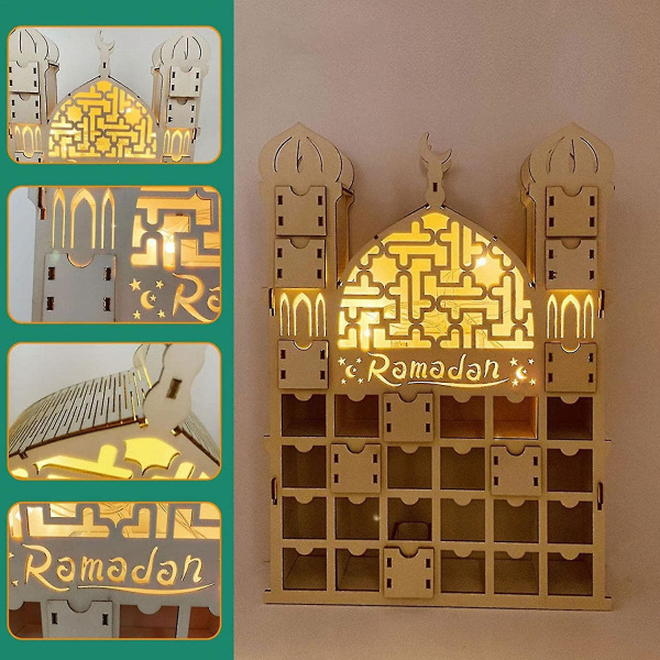 2022 Ramadan Adventskalender Adventskalender i tre med skuffer Nedtelling Islamsk kalender Treskuffer Ornamenter til Eid Ramadan feriedekorasjon