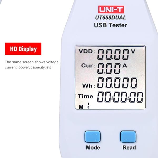 (Kompatibel) USB LCD Strømtæster, USB Tester, Detektor, Voltmeter, Amperemeter, Digital Strømkapacitetstester (UT658-Dual)