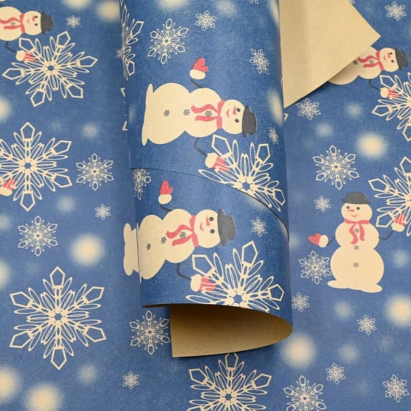 Julklappspapper rulle 43cm*15m, tryckt med snögubbe och snöflingor, blått återvinningsbart presentpapper