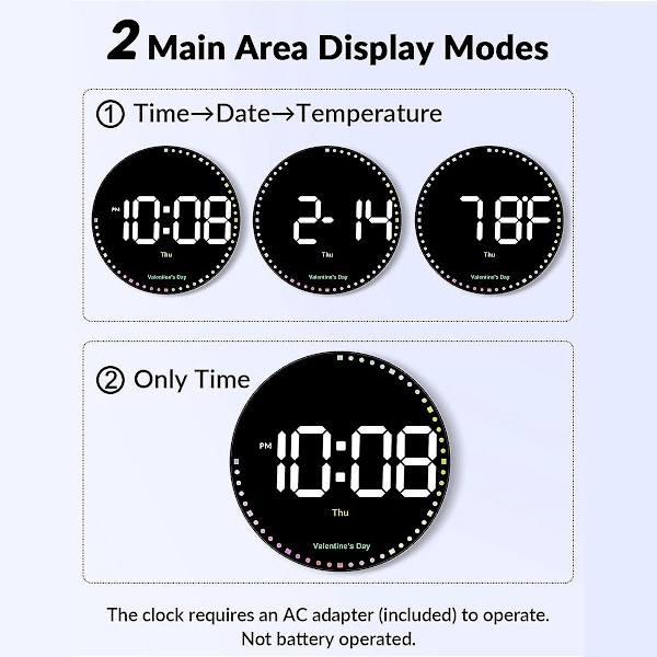 Digital vægur med farverigt lys, 10 tommer LED digital ur med fjernbetjening, tid vækkeur til Li