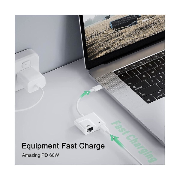 USB-C till Ethernet-adapter, USB Typ-C till RJ45 Gigabit Ethernet LAN-adapter med PD 60W laddare, för
