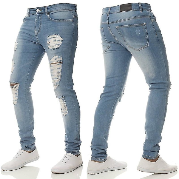 Menn Skinny Ripped Jeans Bukser Stretch Slim Fit Denim Bukser Light Blue 2XL