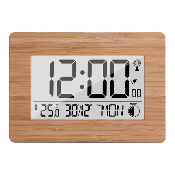 Radiostyrd digital klocka med tidssignal, äkta bambuhölje, LCD-display, termometer, väckarklocka och kalender. Batteri ingår