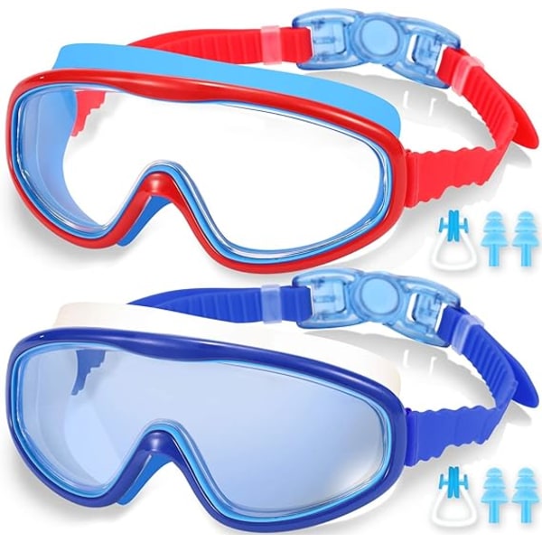 2-paks svømmebriller for barn, svømmebriller for barn og tenåringer 3 til 15 år gamle, bredt synsfelt, anti-tåke, vanntett, UV-beskyttelse