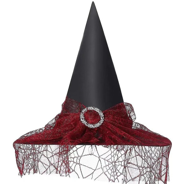 Kvinners Halloween Vintage Witch Hat, Gjennomsiktig blonder slør Print Hat Festrekvisita Halloween Kostyme Tilbehør Claret Uu