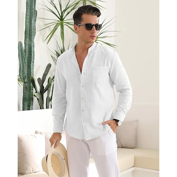 Menn Casual Bomullslin Skjorter Lang Erme Knapp Ned Skjorter med Lomme White M