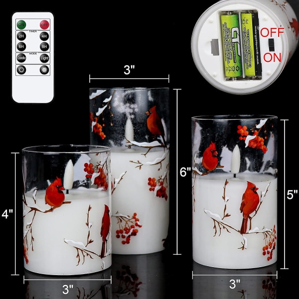 Röda fågelglas flamlösa ljus med fjärrstyrda timers Batteridrivna 3D Wick Led flimrande ljus