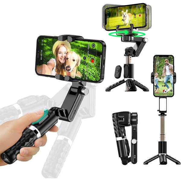 Gimbal-stabilisator med telefonstativ for smarttelefoner, håndholdt gimble med fjernstyrt Selfie Stick og 360 ansiktssporingsstativ