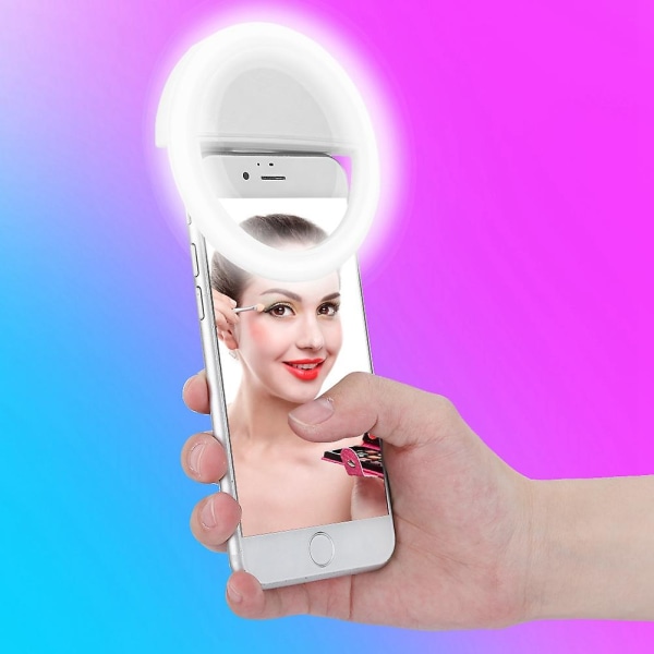 Selfie LED-lys for iPhone - Bærbar USB-ladeklip-på lysende lampe for perfekte selfies (hvit)
