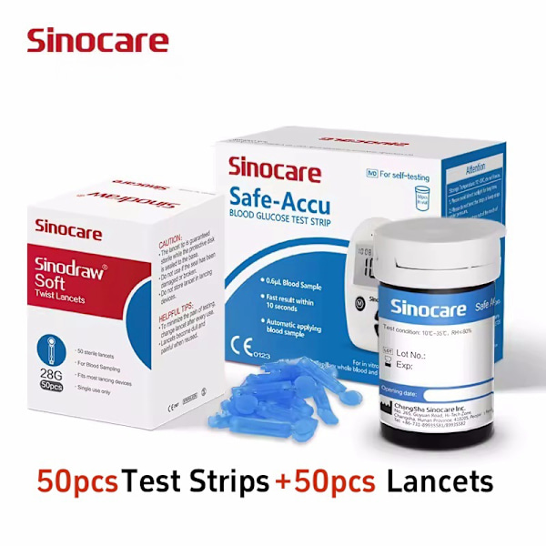 Sinocare Safe-Accu blodsockermätare för hemmabruk, helautomatisk, kodfri blodsockermätare för mätning av blodsocker 50 test strips+50 needles