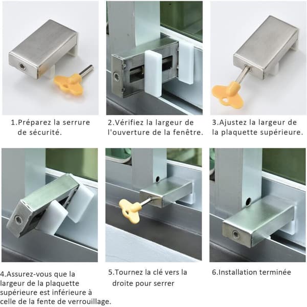 Sæt med 2 sikkerhedslåse til dørkarme i aluminiumslegering til skydedøre. Inkluderer nøgle og børnesikring.