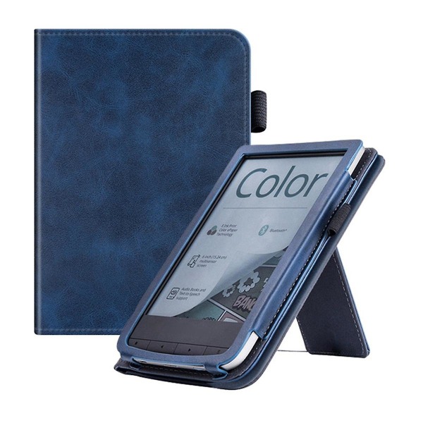 For Pocketbook Touch HD 3 E-Reader Stand Cover Flip PU-veske med håndholder mørkeblå